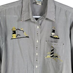 Las Olas Women Shirt L Lighthouse Embroidered Rhinestones Striped Nautical Artsy